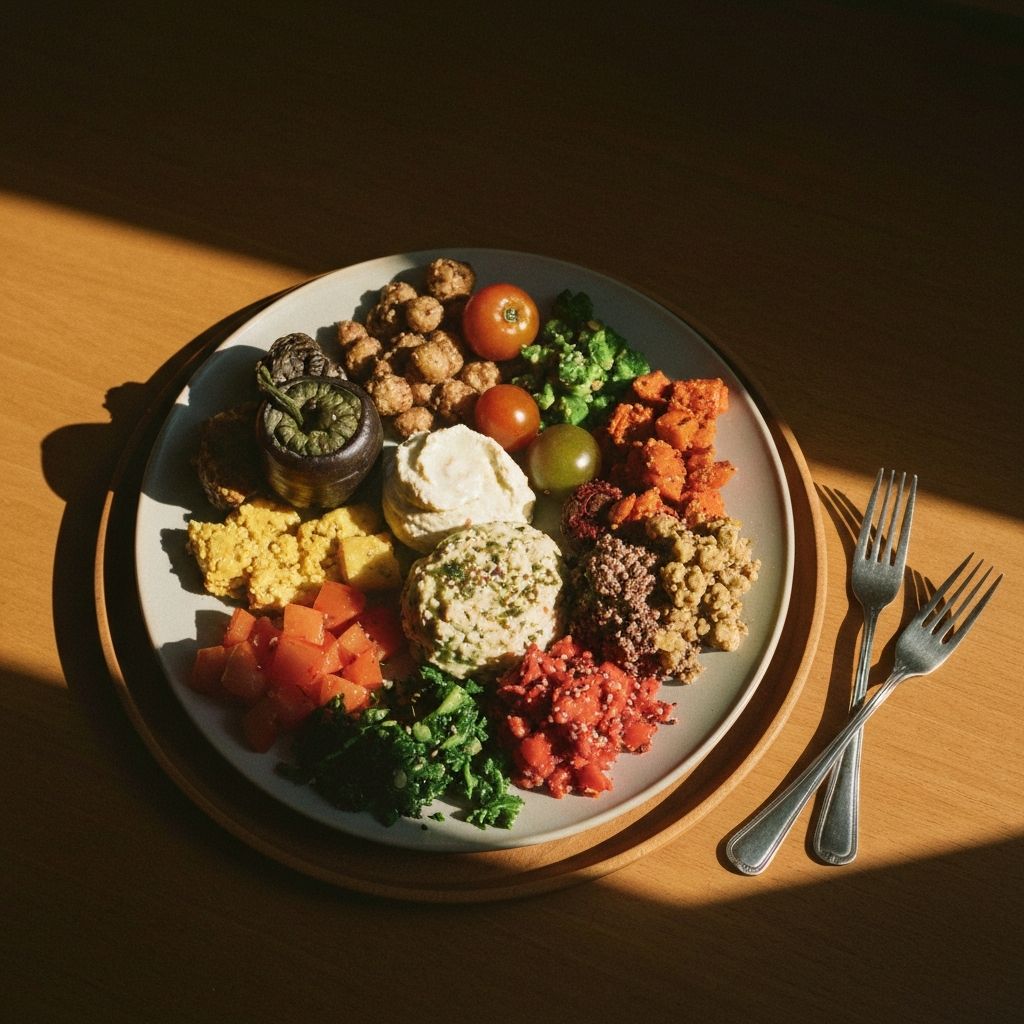 A beautifully arranged colorful plate of diverse whole foods with warm natural side light
