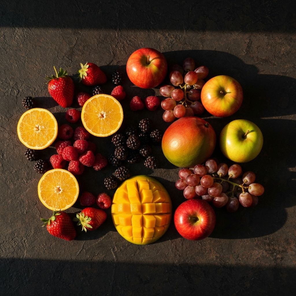 Colorful arrangement of fresh whole fruits including berries, citrus, apples and grapes